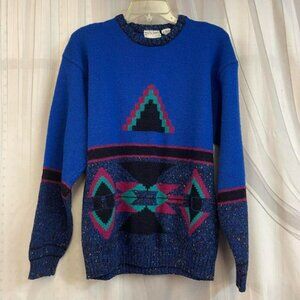 Concrete Jungle Blue Teal Geometric Pattern Men's Sweater Y2K 90s Western Wool B